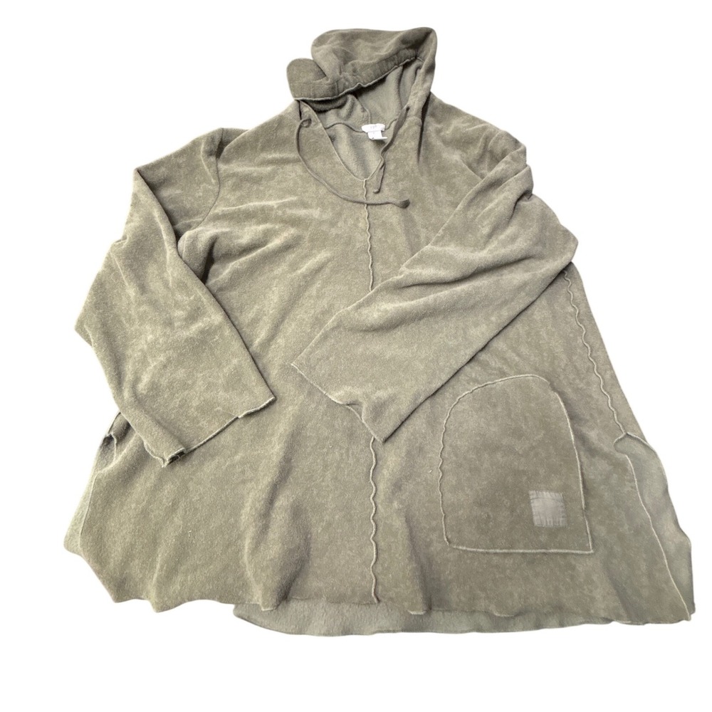 J. Jill Olive Green Terry Fleece Hooded Tunic Sweatshirt Raw Edge XL